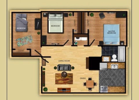 Three Bedroom One Bathroom floor plan at San Simeon Apartments in Tucson AZ